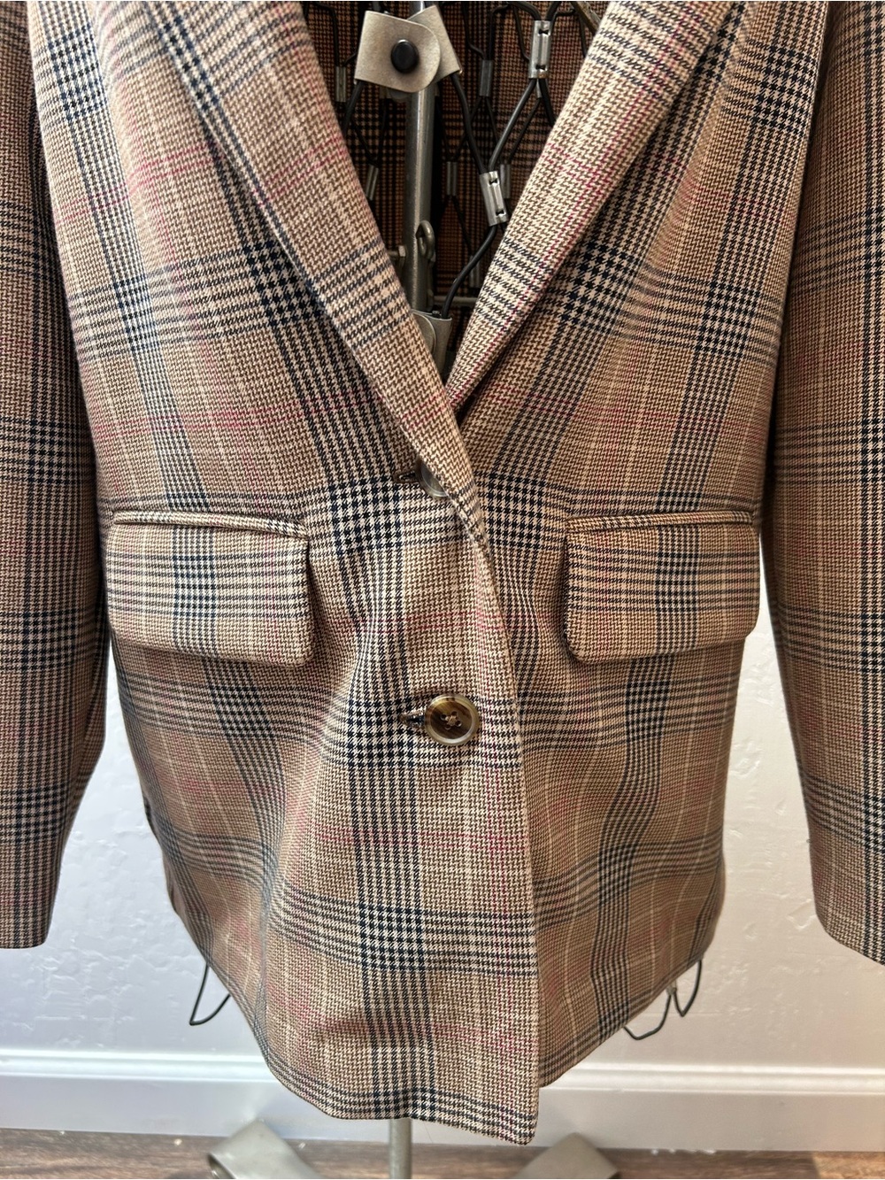 Old Navy Plaid Blazer Jacket Tan Brown Preppy Tailored Womens XS - Picture 2 of 5